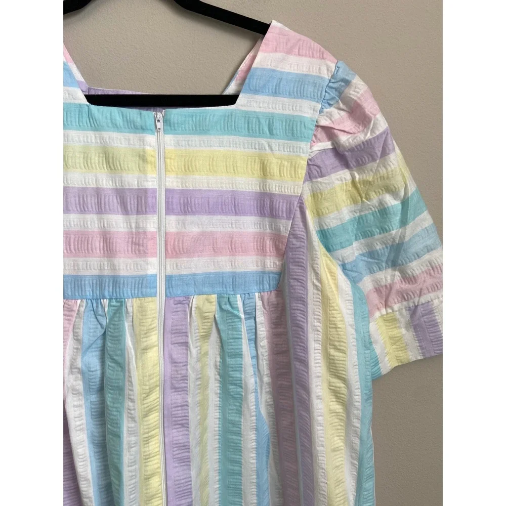 Styled‎ by Saybury Pastel Rainbow Stripe Seersucker House Dress Maxi Pockets L
